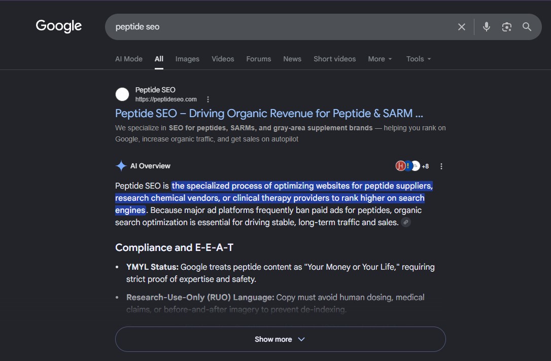 Google search result showing peptideseo.com ranking first for the search peptide seo